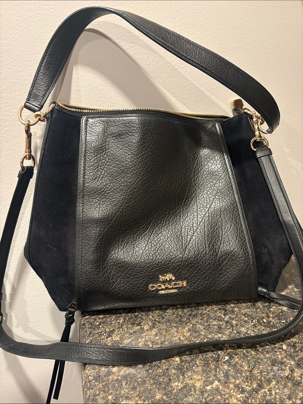 Coach Black Leather & Suede Hobo Shoulder Bag with Gold Hardware